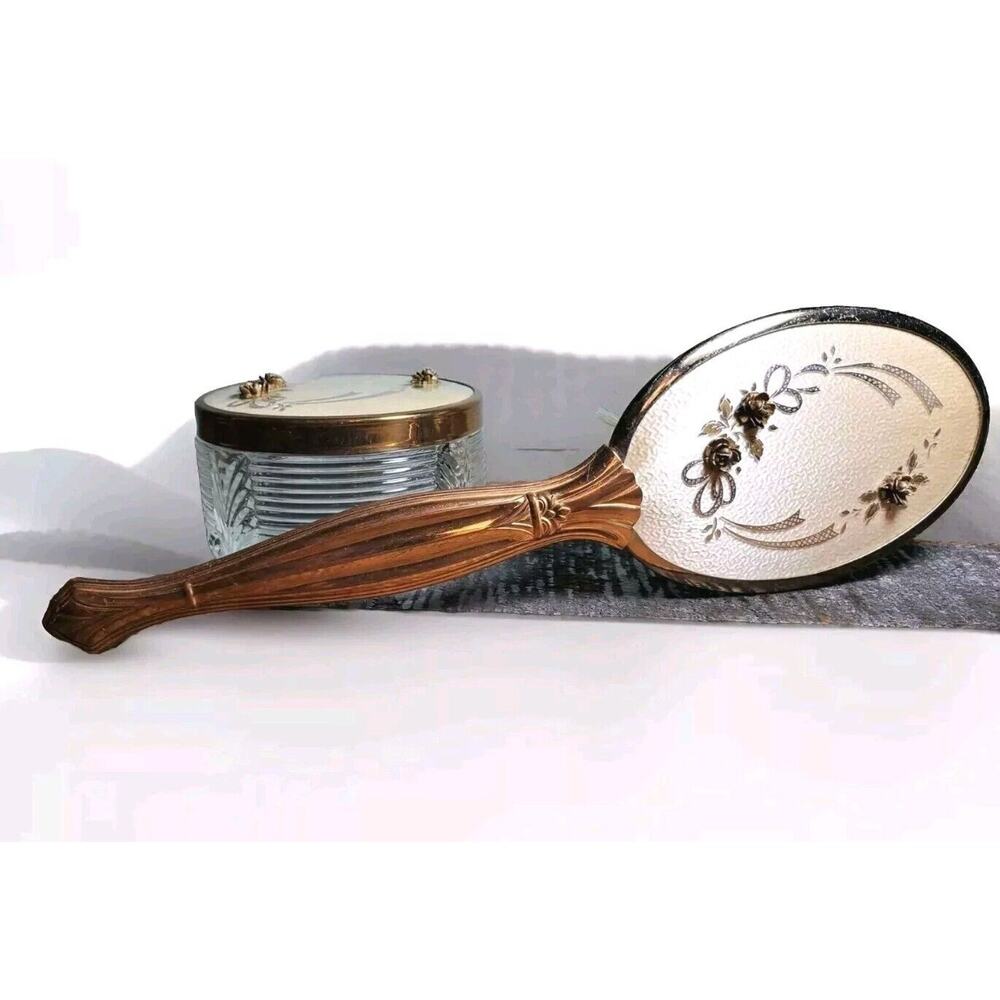 Vintage Rose Glass Powder Box & Brush Gold Restore Art Deco Vanity Decor NICE